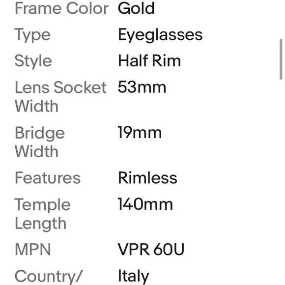 PRADA VPR 60U 5AK-1O1 Gold Authentic 53mm Semi-Rimless Eyeglasses New Women’s - Picture 8 of 9